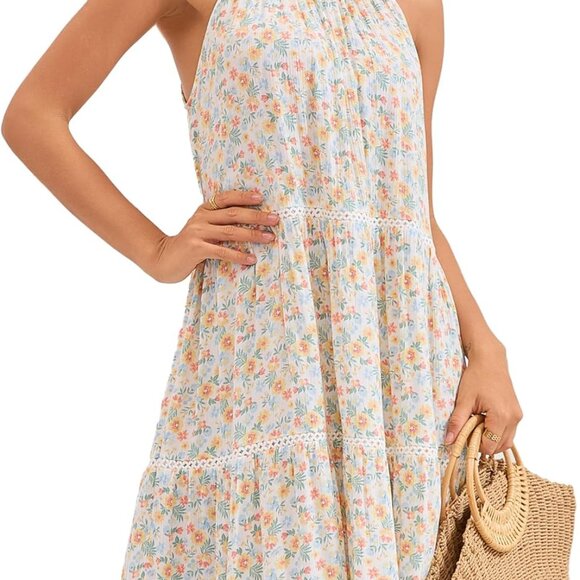 Dresses & Skirts - Women's Floral Midi Dress Rayon Crepe Sleeveless Ruffle Casual Vacation